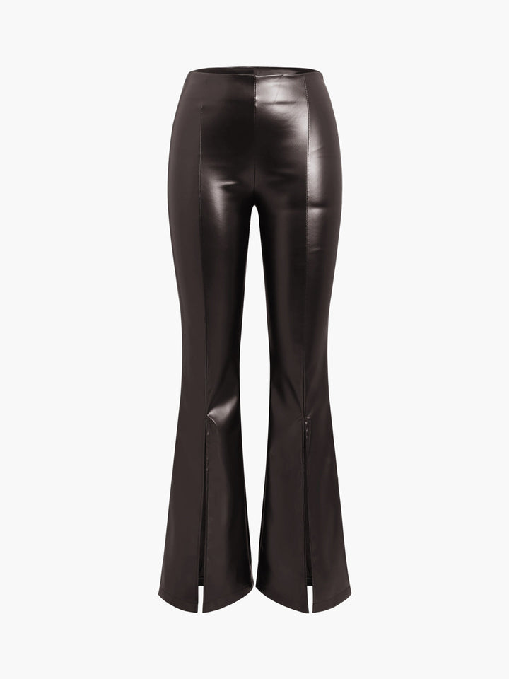 Flared Ladies Trousers in Imitation Leather - Sofia-Dark Brown-XS-State of Style