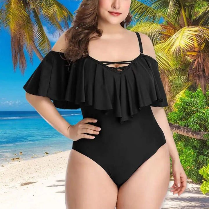 Flattering Plus-Size One-Piece Lotus Leaf Swimsuit-Black-2XL-State of Style