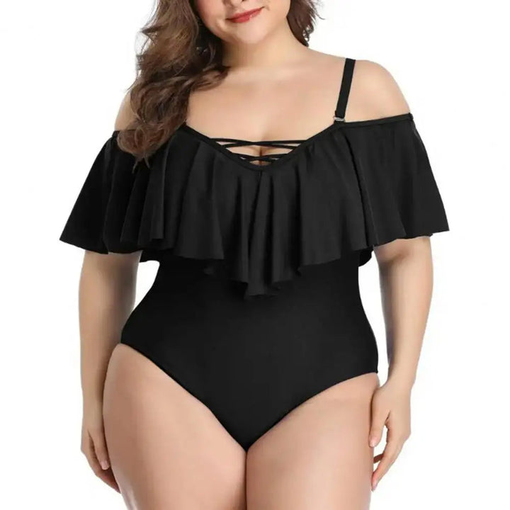 Flattering Plus-Size One-Piece Lotus Leaf Swimsuit-Black-2XL-State of Style
