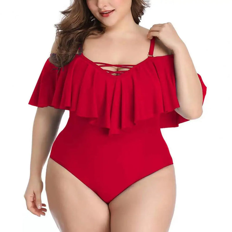 Flattering Plus-Size One-Piece Lotus Leaf Swimsuit-Red-2XL-State of Style