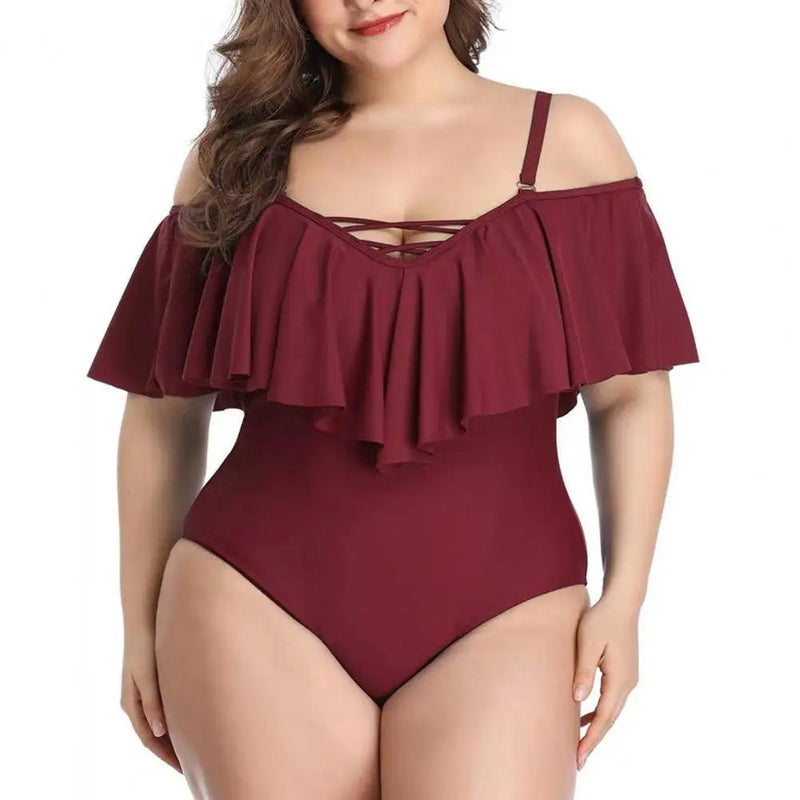 Flattering Plus-Size One-Piece Lotus Leaf Swimsuit-Wine Red-2XL-State of Style