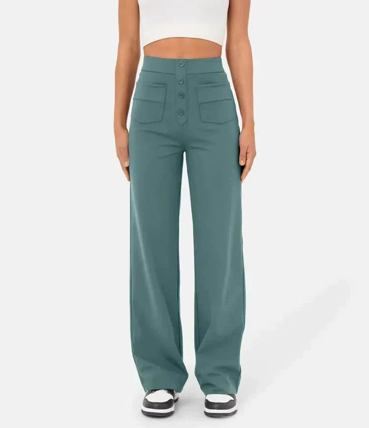 Flexible High-Waisted Trousers - Luna-Stone Green-S (36)-State of Style