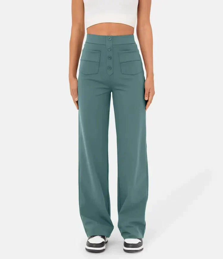 Flexible High-Waisted Trousers - Luna-Stone Green-S (36)-State of Style