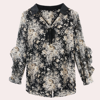 Floral Black Blouse with Collar for Women - Noëlle-XS-State of Style