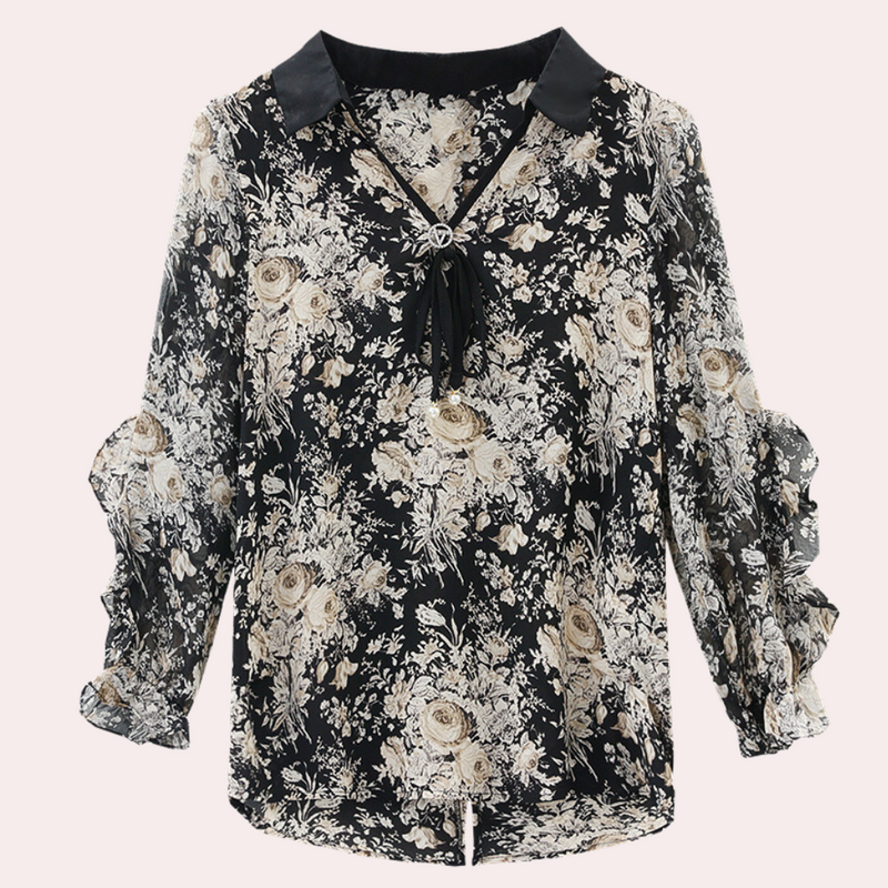 Floral Black Blouse with Collar for Women - Noëlle-XS-State of Style