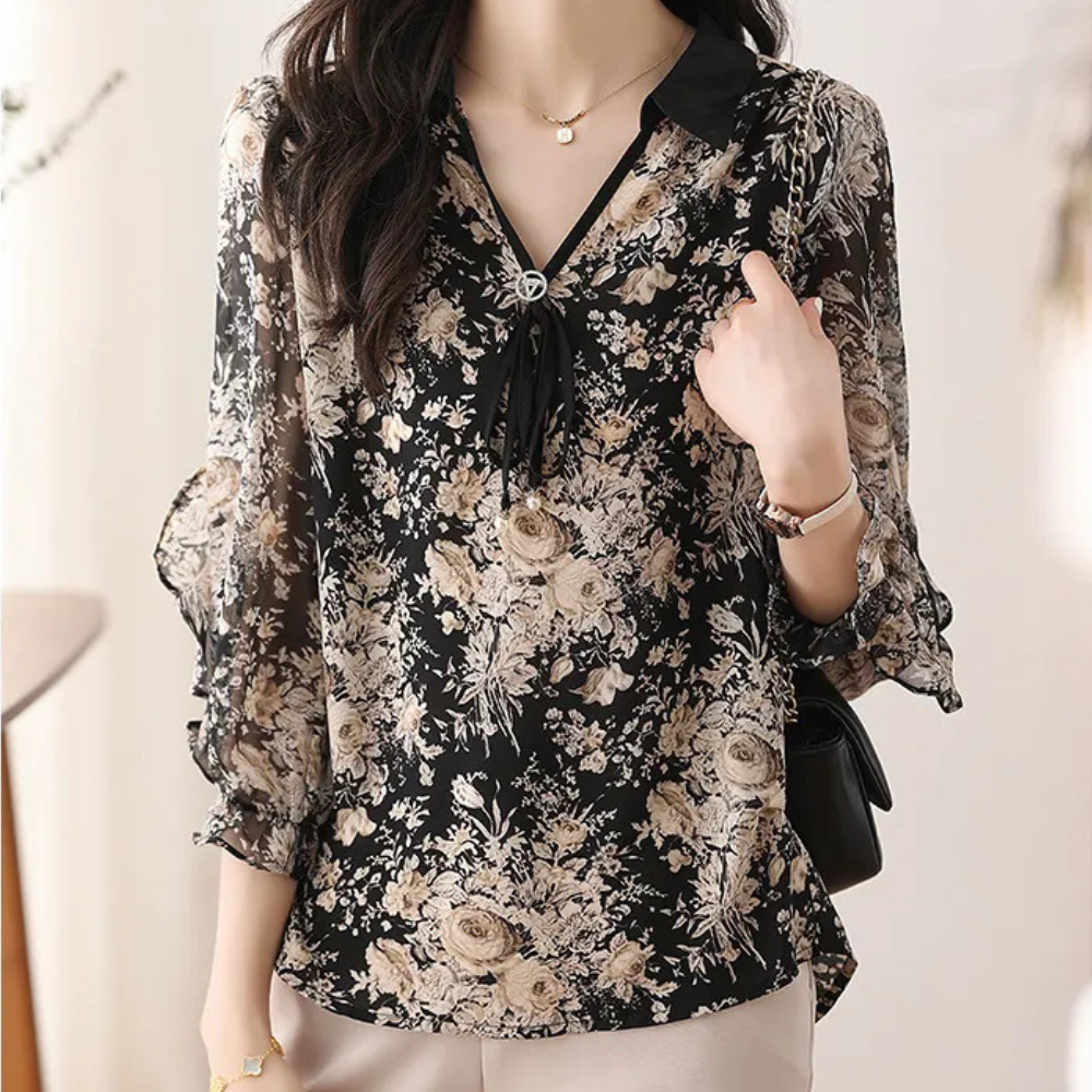Floral Black Blouse with Collar for Women - Noëlle-XS-State of Style