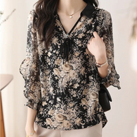 Floral Black Blouse with Collar for Women - Noëlle-XS-State of Style