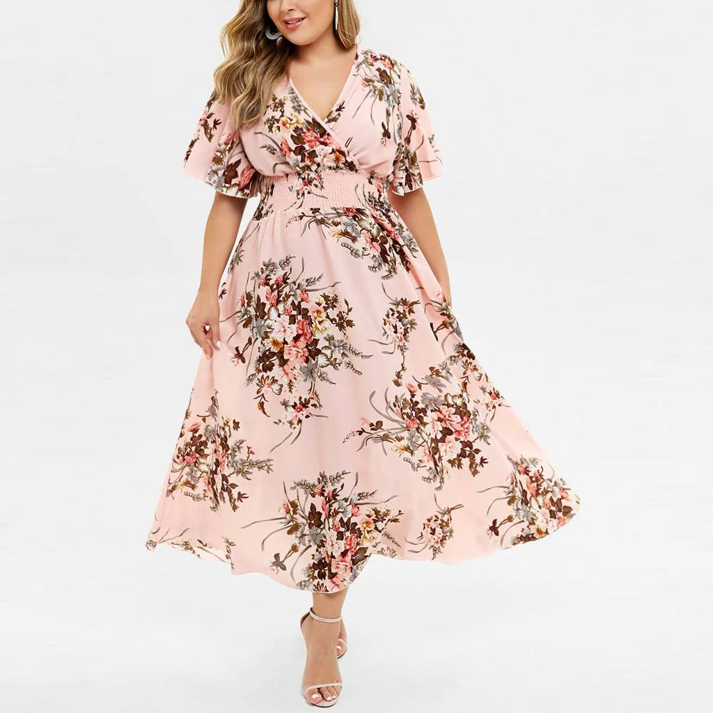 Floral Chiffon Plus Size Dress-Pink-L-State of Style