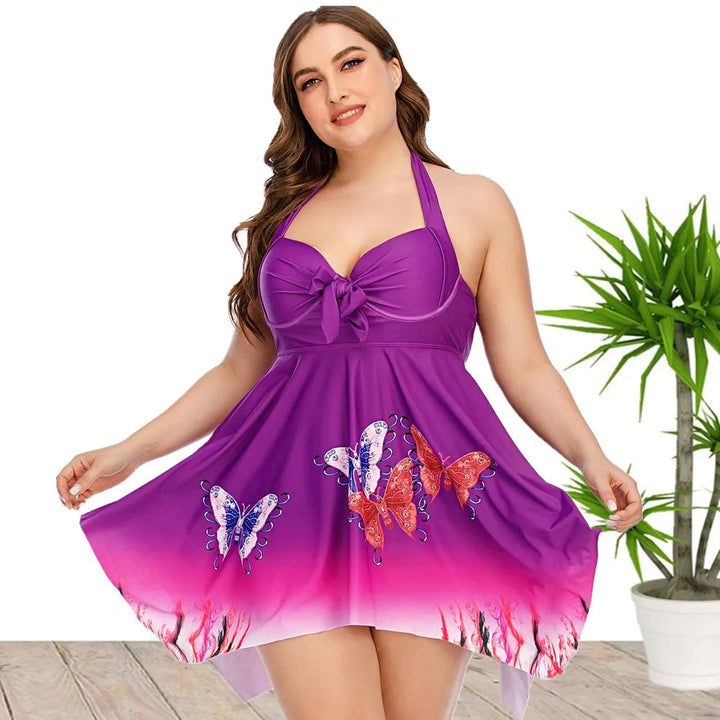 Floral Fantasy Plus-Size Swim Dress-Purple-2XL-State of Style