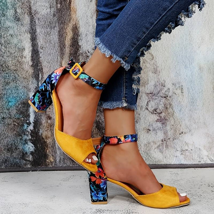 Floral High Heels with Ankle Straps - Marcella-Black-3-State of Style