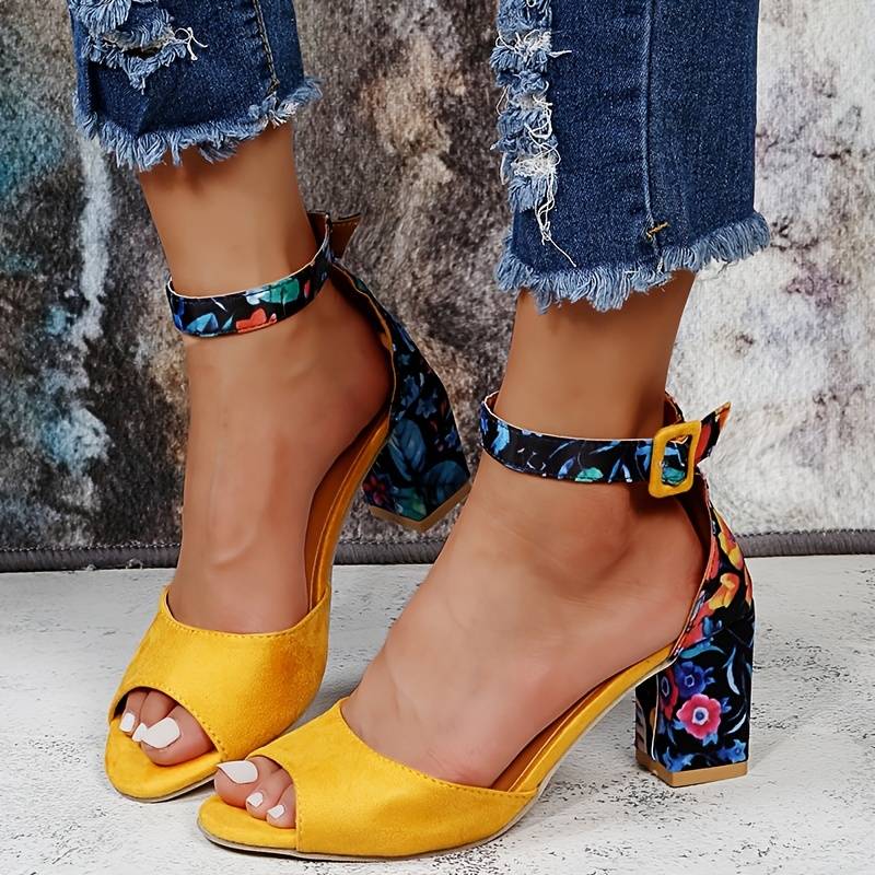 Floral High Heels with Ankle Straps - Marcella-Yellow-3-State of Style