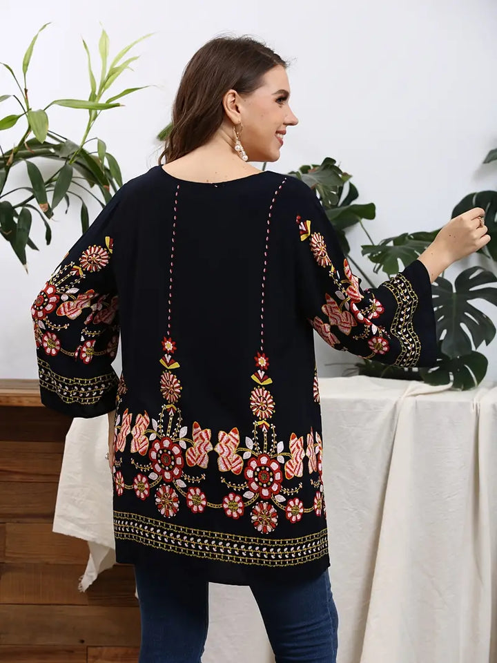 Floral Print Oversized Tunic Top-Black-L-State of Style