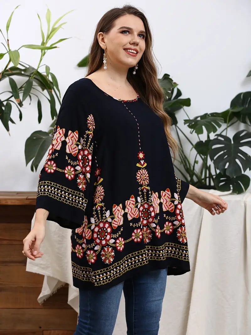 Floral Print Oversized Tunic Top-Black-L-State of Style