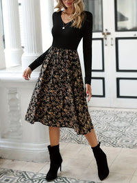 Floral Print V-Neck Dress with Long Sleeves - Lilith-XS-State of Style