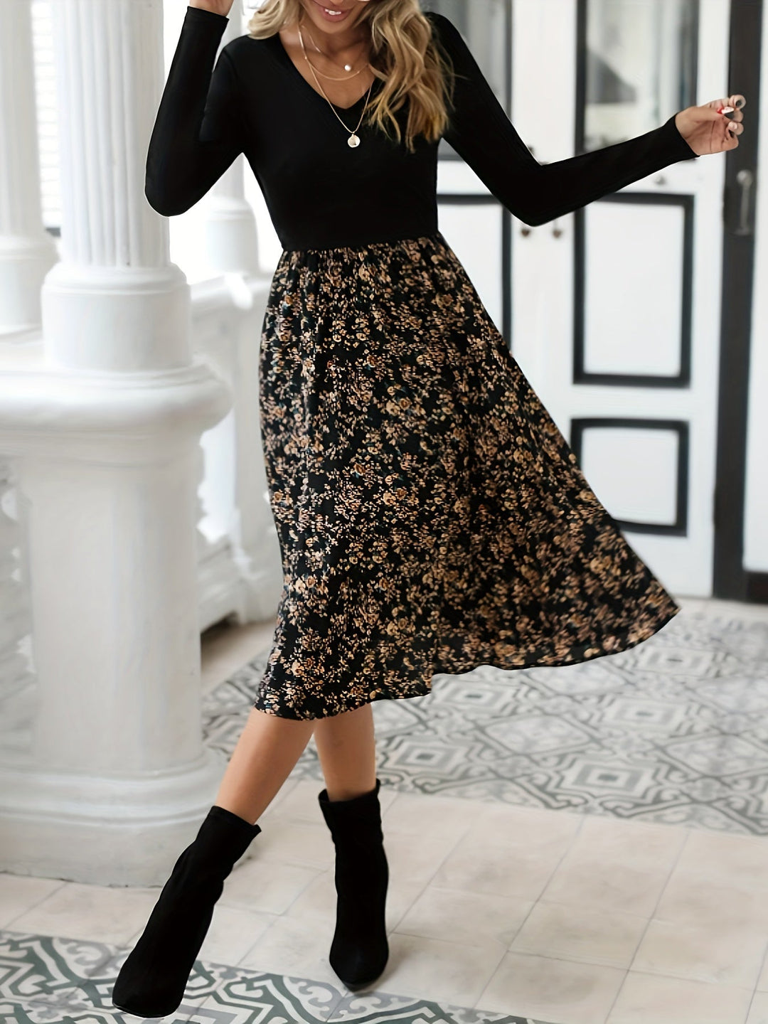 Floral Print V-Neck Long Sleeve Dress - Lilith-XS-State of Style