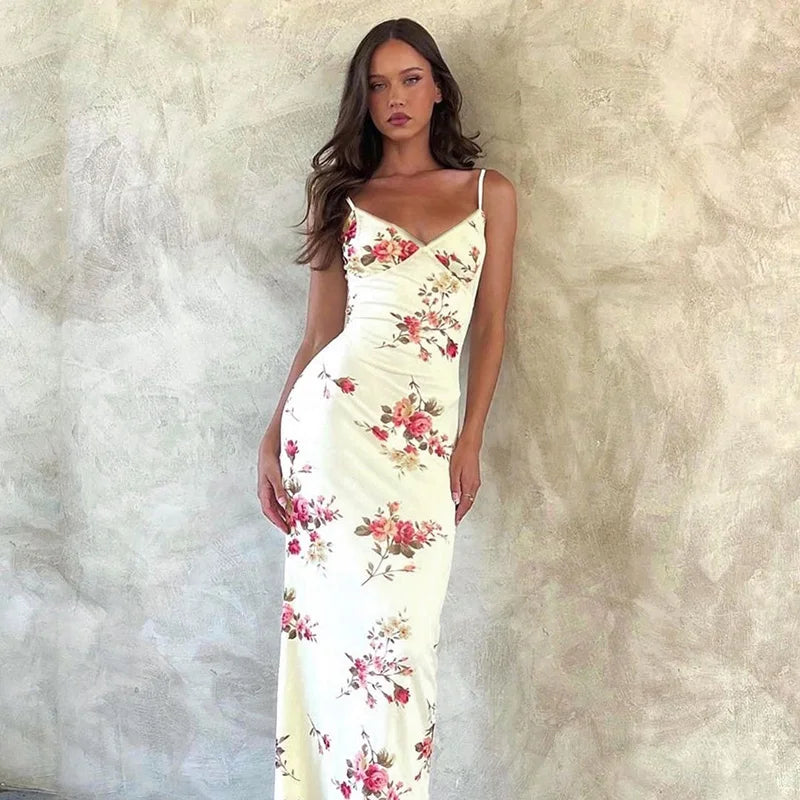 Floral summer maxi dress with V-neck and spaghetti straps - Alina-Beige-S-State of Style