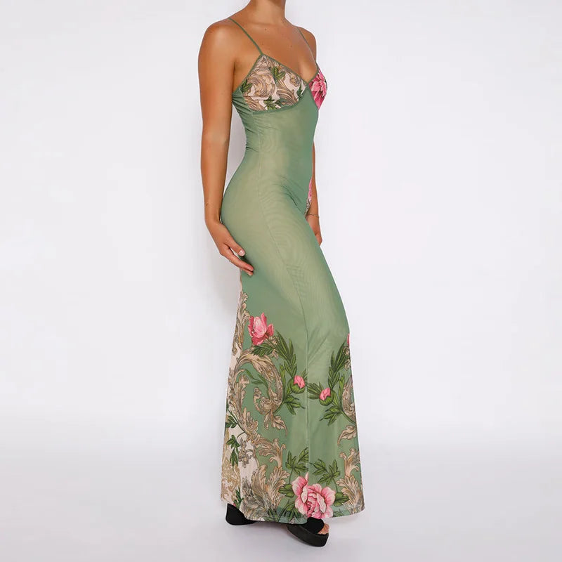 Floral summer maxi dress with V-neck and spaghetti straps - Alina-Blue-S-State of Style