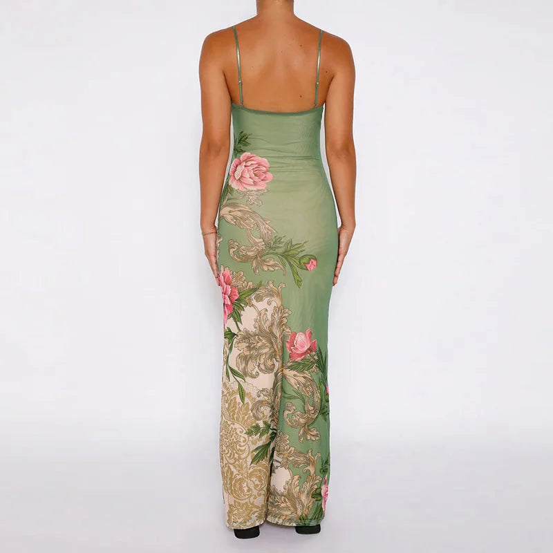 Floral summer maxi dress with V-neck and spaghetti straps - Alina-Blue-S-State of Style