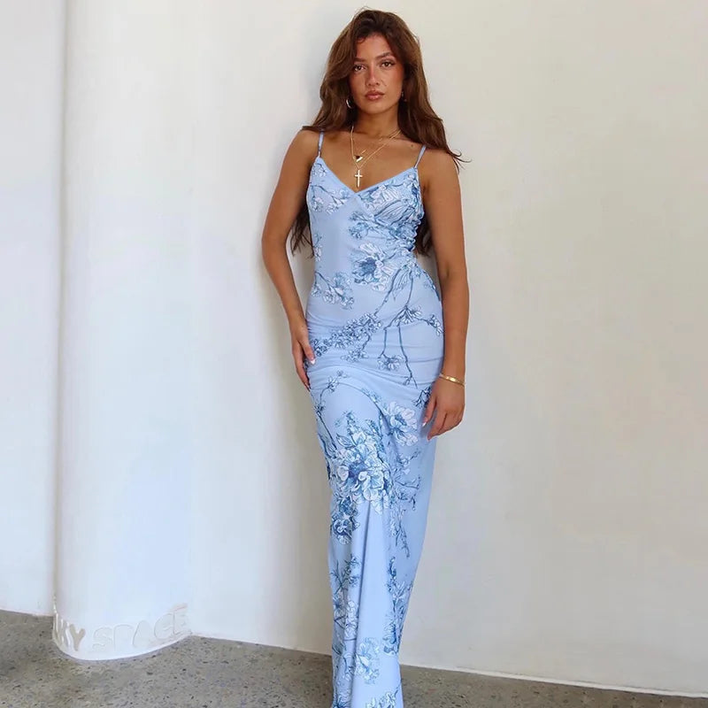 Floral summer maxi dress with V-neck and spaghetti straps - Alina-Blue-S-State of Style