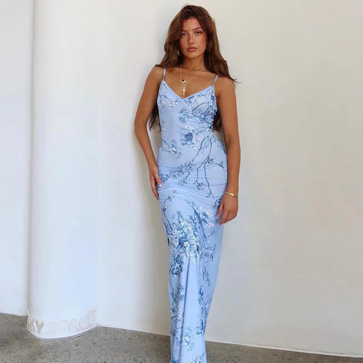 Floral summer maxi dress with V-neck and spaghetti straps - Alina-Blue-S-State of Style