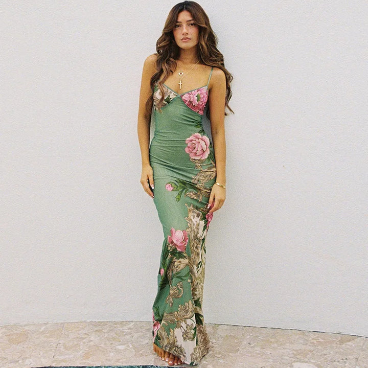 Floral summer maxi dress with V-neck and spaghetti straps - Alina-Green-S-State of Style