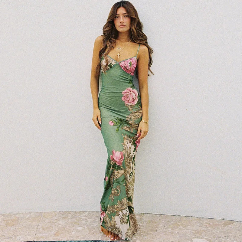 Floral summer maxi dress with V-neck and spaghetti straps - Alina-Green-S-State of Style