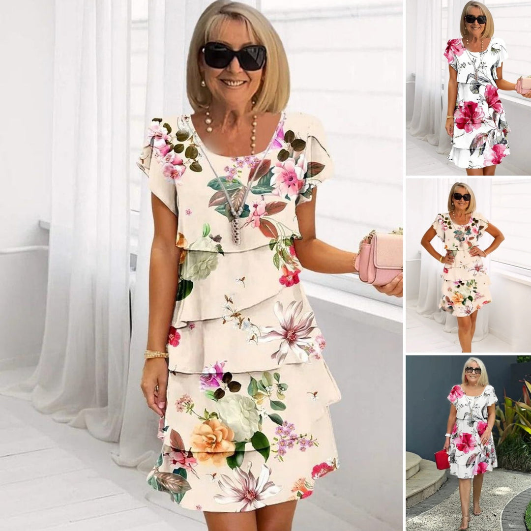 Floral waterfall summer dress with adjustable straps – Leona-Beige+Red-S-State of Style