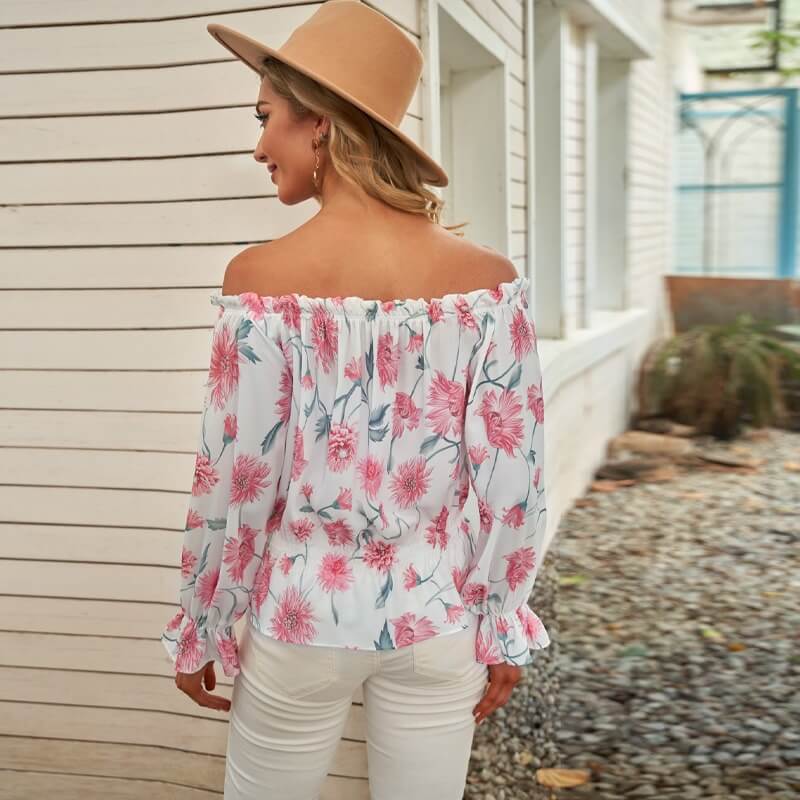 Floral Women's Chiffon Blouse with Ruffled Sleeves - Elvira-Beige-S-State of Style
