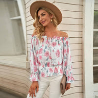 Floral Women's Chiffon Blouse with Ruffled Sleeves - Elvira-Beige-S-State of Style