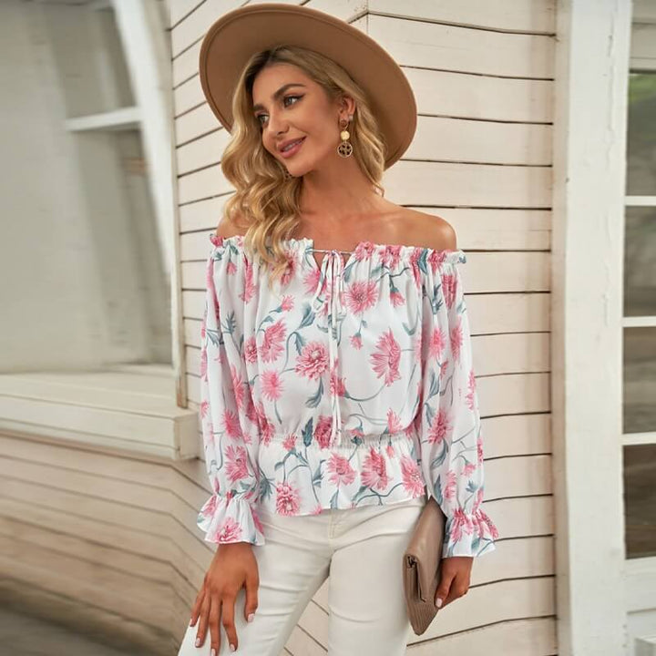 Floral Women's Chiffon Blouse with Ruffled Sleeves - Elvira-Beige-S-State of Style