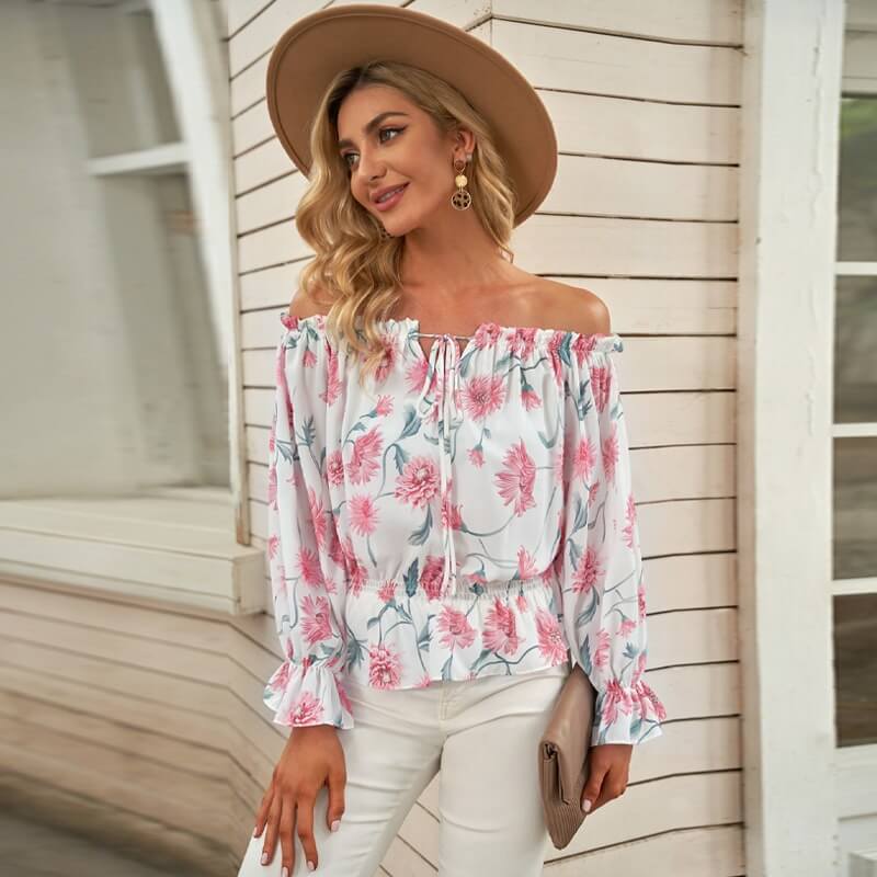 Floral Women's Chiffon Blouse with Ruffled Sleeves - Elvira-Beige-S-State of Style