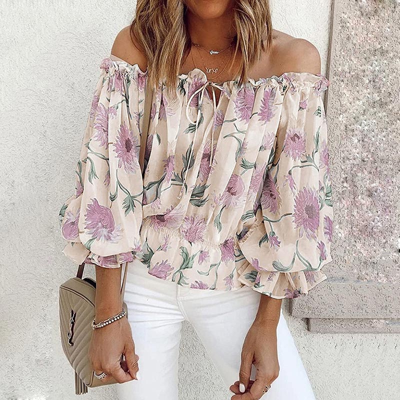 Floral Women's Chiffon Blouse with Ruffled Sleeves - Elvira-Beige-S-State of Style