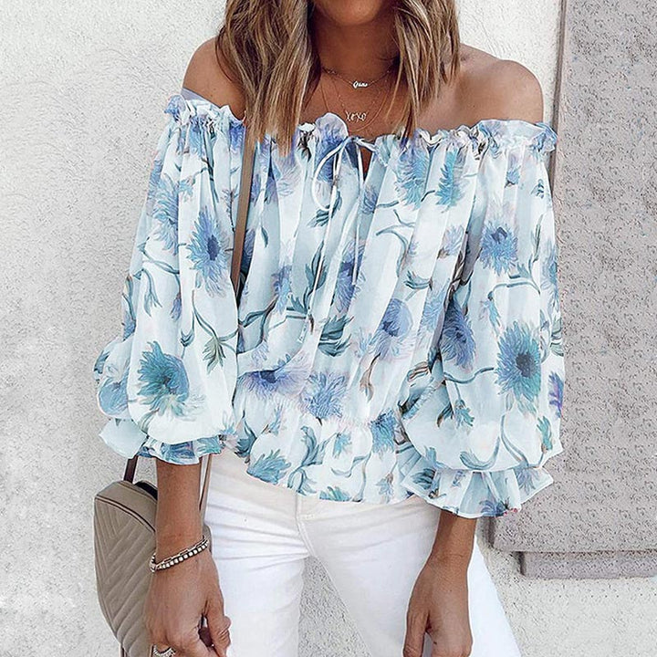 Floral Women's Chiffon Blouse with Ruffled Sleeves - Elvira-Blue-S-State of Style