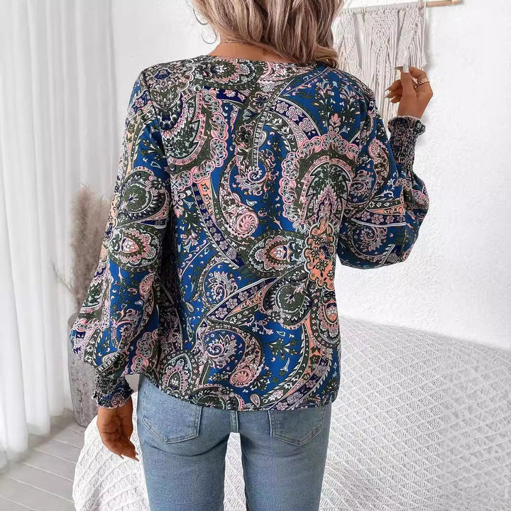 Flower print women's blouse with V-neck & lantern sleeves – Malina-S-State of Style
