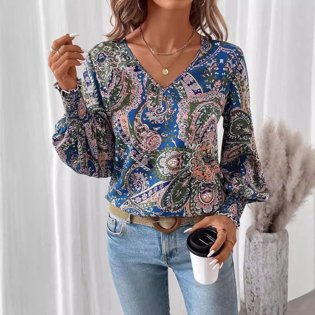Flower print women's blouse with V-neck & lantern sleeves – Malina-S-State of Style