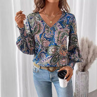 Flower print women's blouse with V-neck & lantern sleeves – Malina-S-State of Style