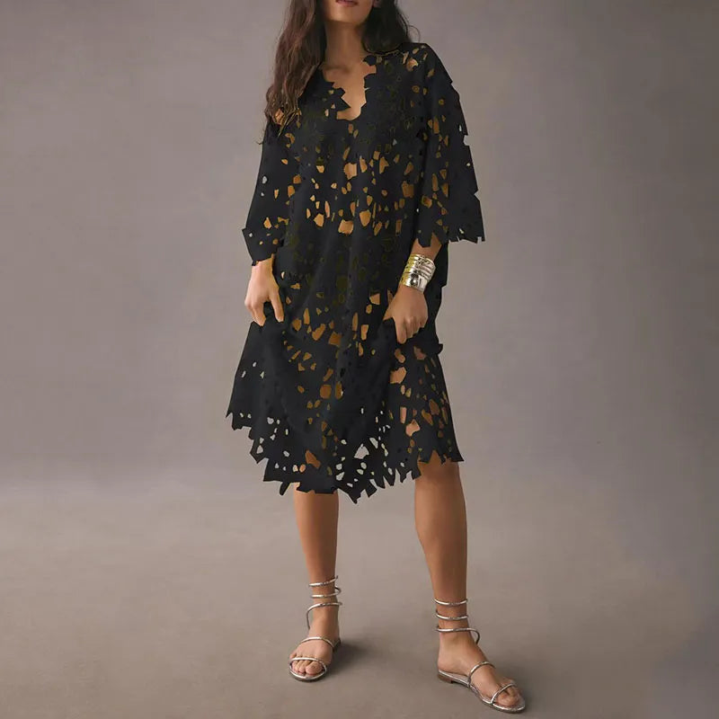 Flowered Midi Dress with Eyelet Lacing – Maelis-Black-State of Style