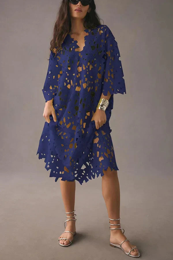 Flowered Midi Dress with Eyelet Lacing – Maelis-Dark blue-State of Style