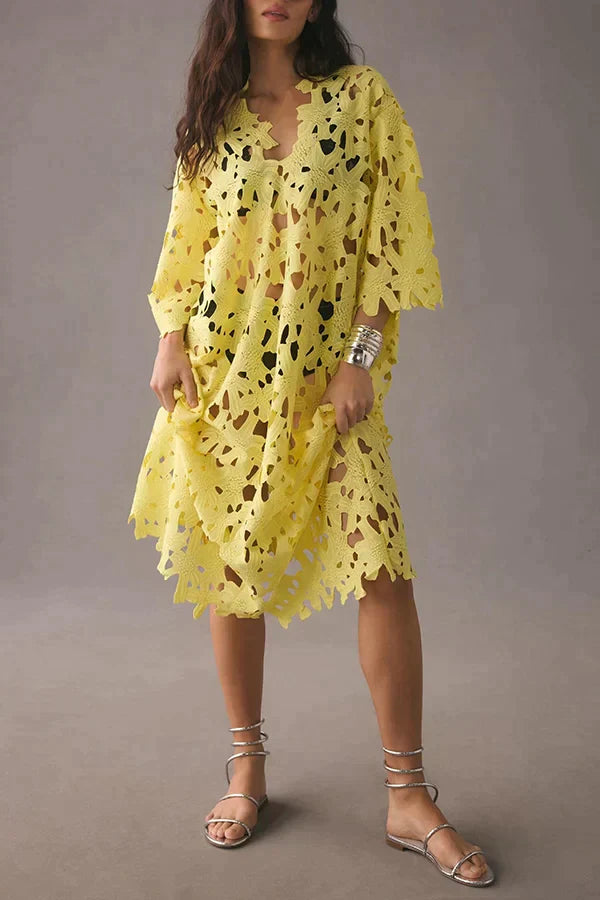 Flowered Midi Dress with Eyelet Lacing – Maelis-Yellow-State of Style