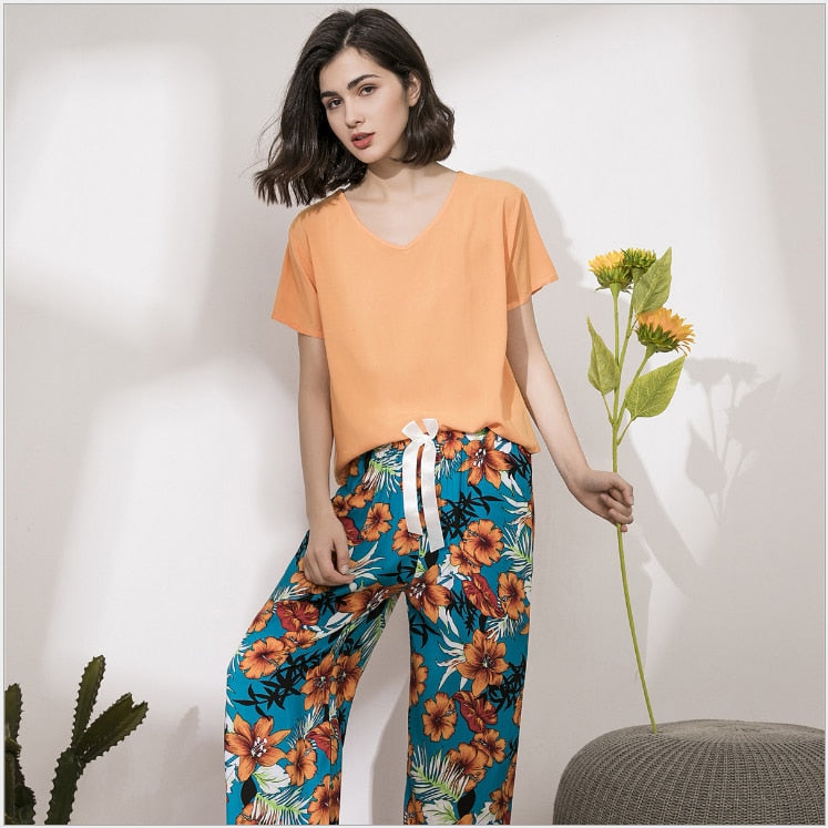 FlowerPyjamas | Soft & Stylish Women's Pyjamas-Blue/Orange-S-State of Style