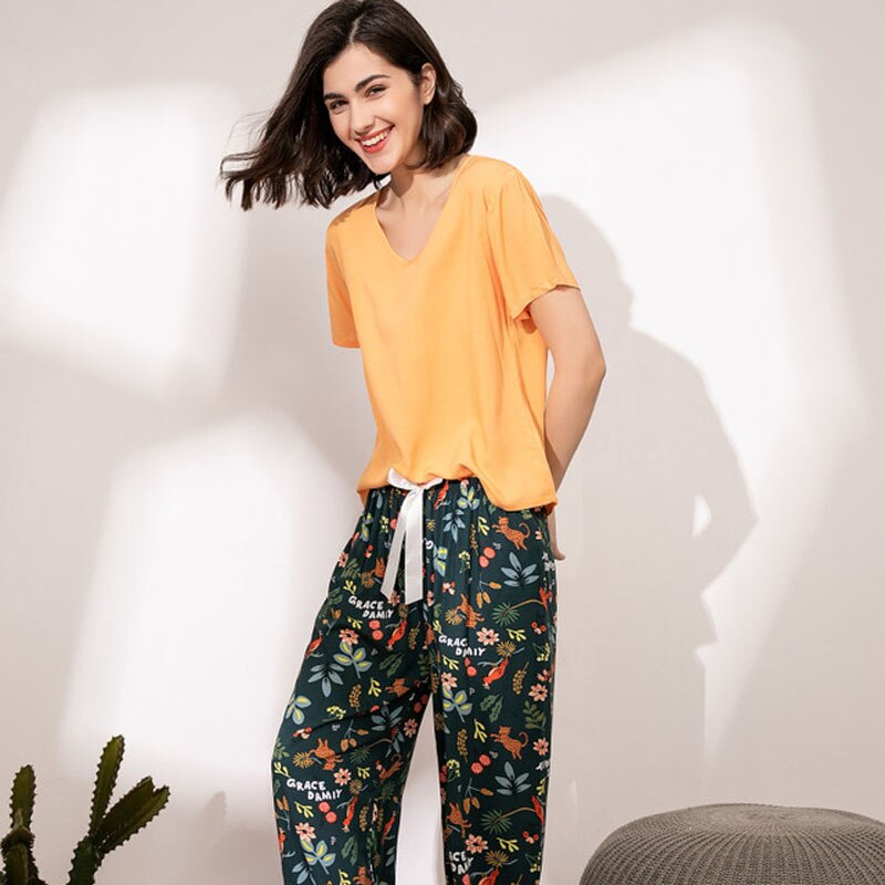 FlowerPyjamas | Soft & Stylish Women's Pyjamas-Blue/Orange-S-State of Style