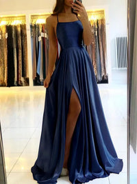 Flowing maxi dress with side slit - Sophie-Dark blue-S-State of Style