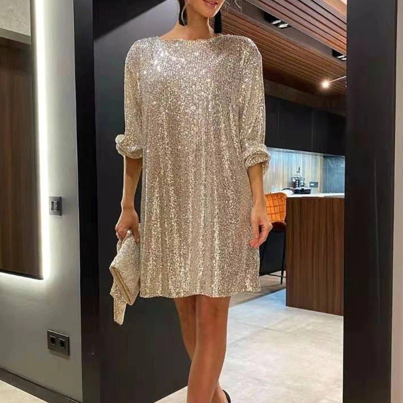 Flowy Party Dress with Loose Fit - Clara-Gold-S-State of Style