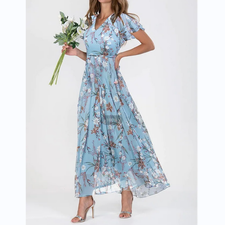 Flutter Sleeve Maxi Dress with Floral Print - Miranda-Dark Blue-S-State of Style