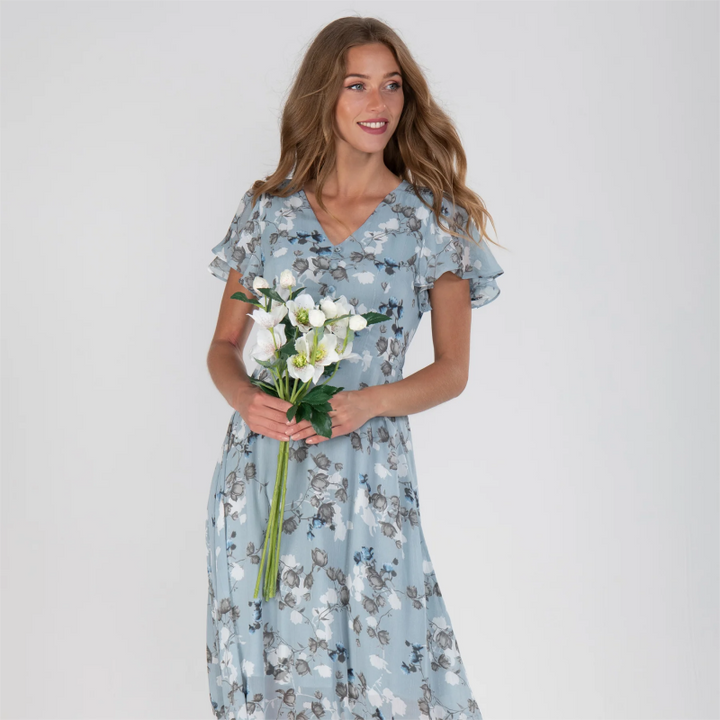 Flutter Sleeve Maxi Dress with Floral Print - Miranda-Light Blue-S-State of Style
