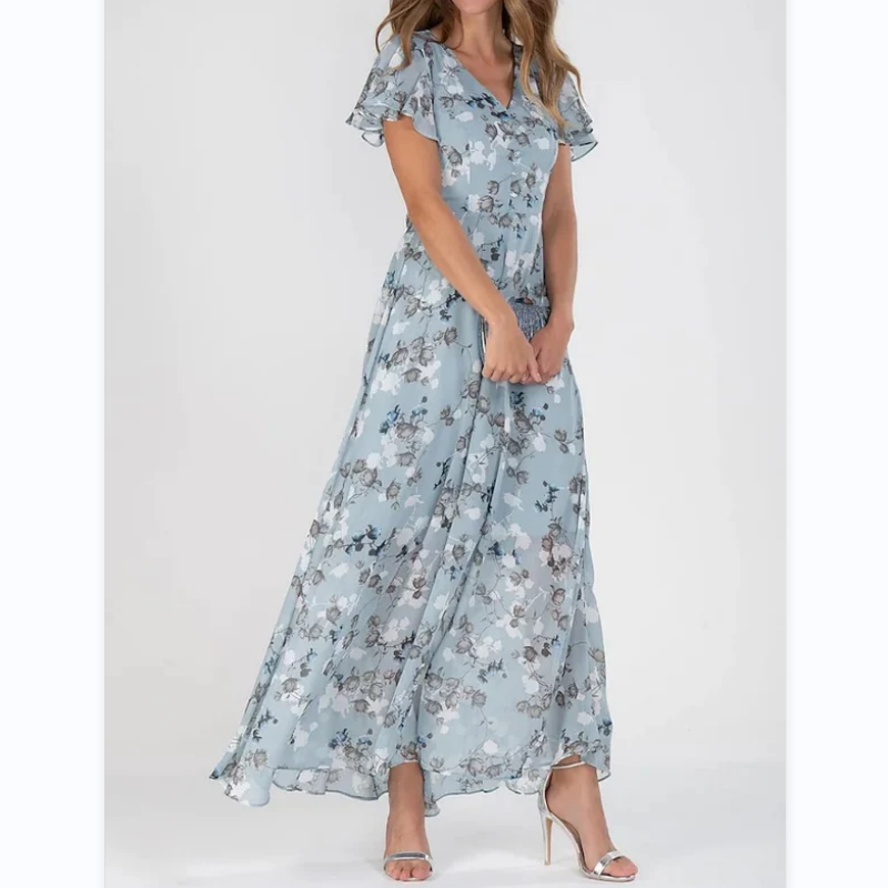 Flutter Sleeve Maxi Dress with Floral Print - Miranda-Light Blue-S-State of Style