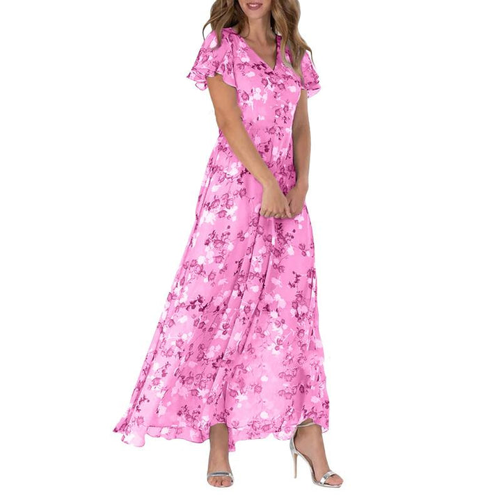 Flutter Sleeve Maxi Dress with Floral Print - Miranda-Pink-S-State of Style