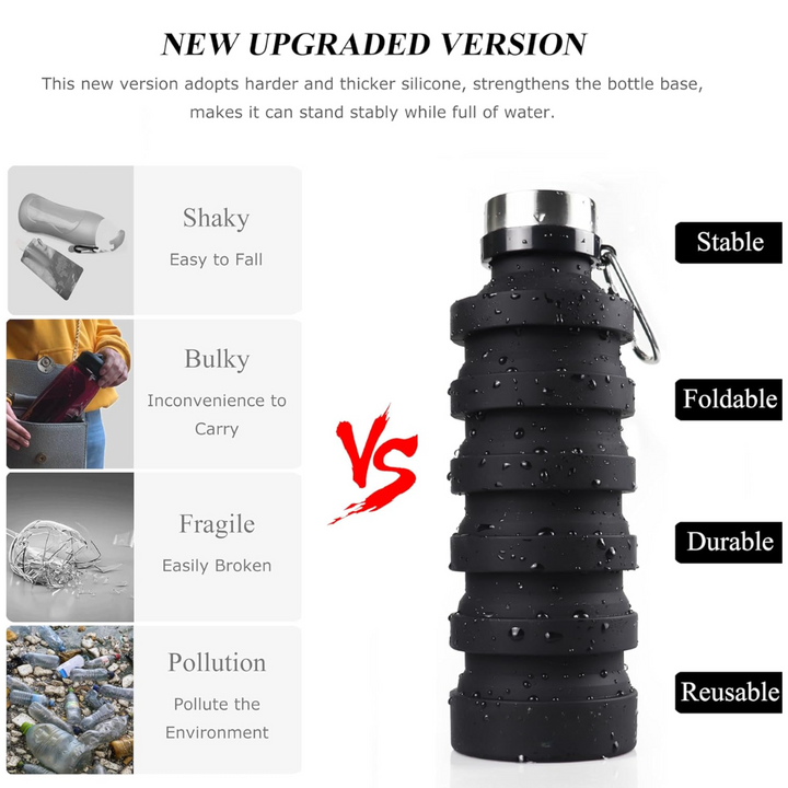 Foldable Shockproof Water Bottle-Black 500 ml-State of Style