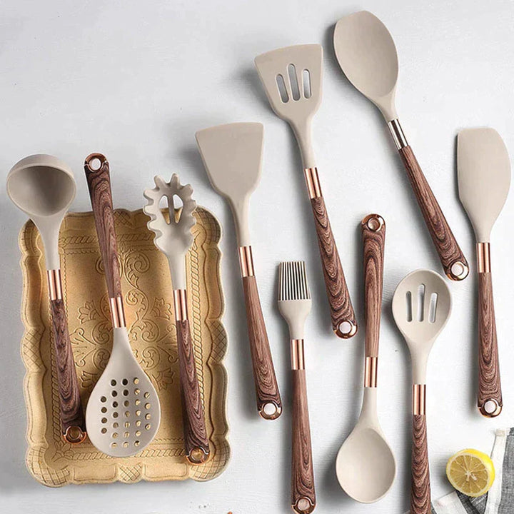 Food-safe Silicone Kitchen Utensils with Wooden Handle - KitchenElegance-State of Style