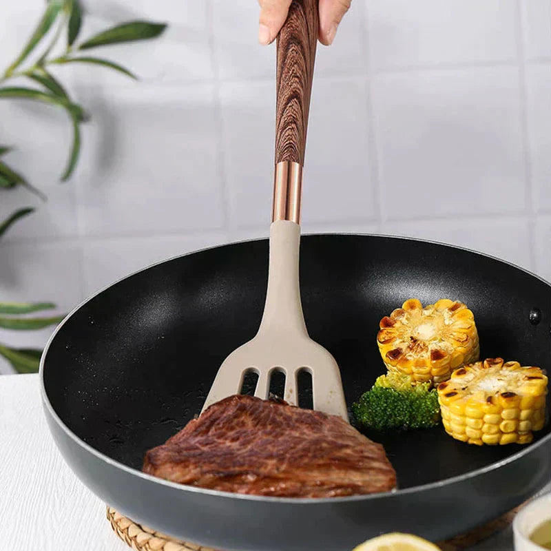 Food-safe Silicone Kitchen Utensils with Wooden Handle - KitchenElegance-State of Style